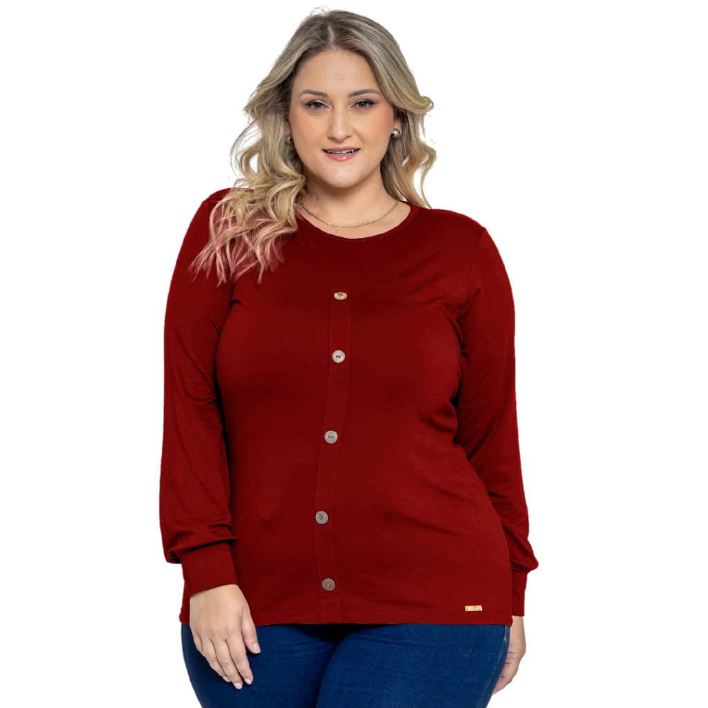 Blusa Plus Size Feminina Detalhe Peitilho E Manga Longa 0256