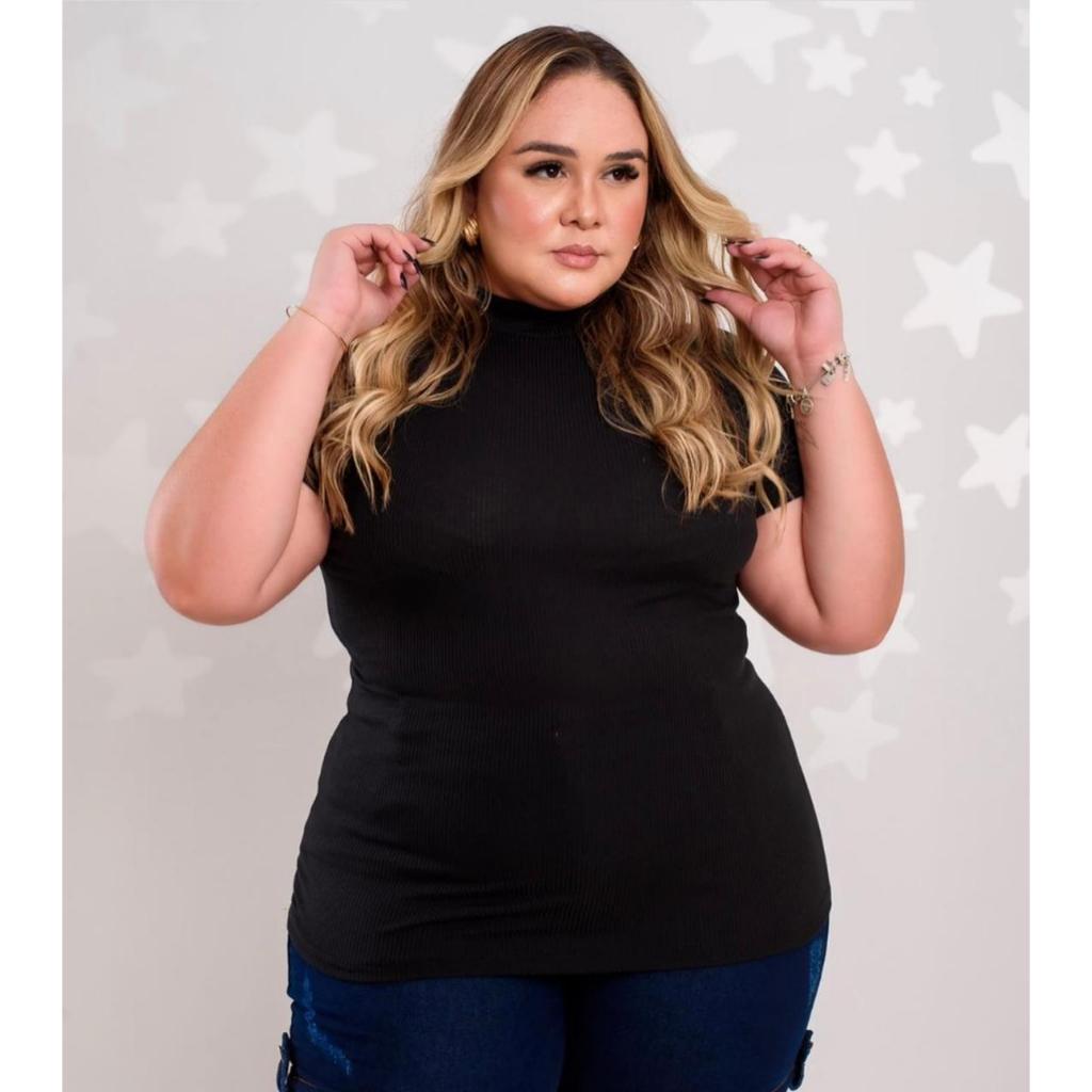 Blusa Plus Size Feminina Canelada Gola Alta Com Manga