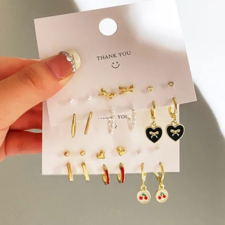 KIT 6 pares de branco com Conjunto Elegante Brinco Com Argola De Ouro Coração Borboleta Brincos De Pérola Para Mulheres Joias Acessórios