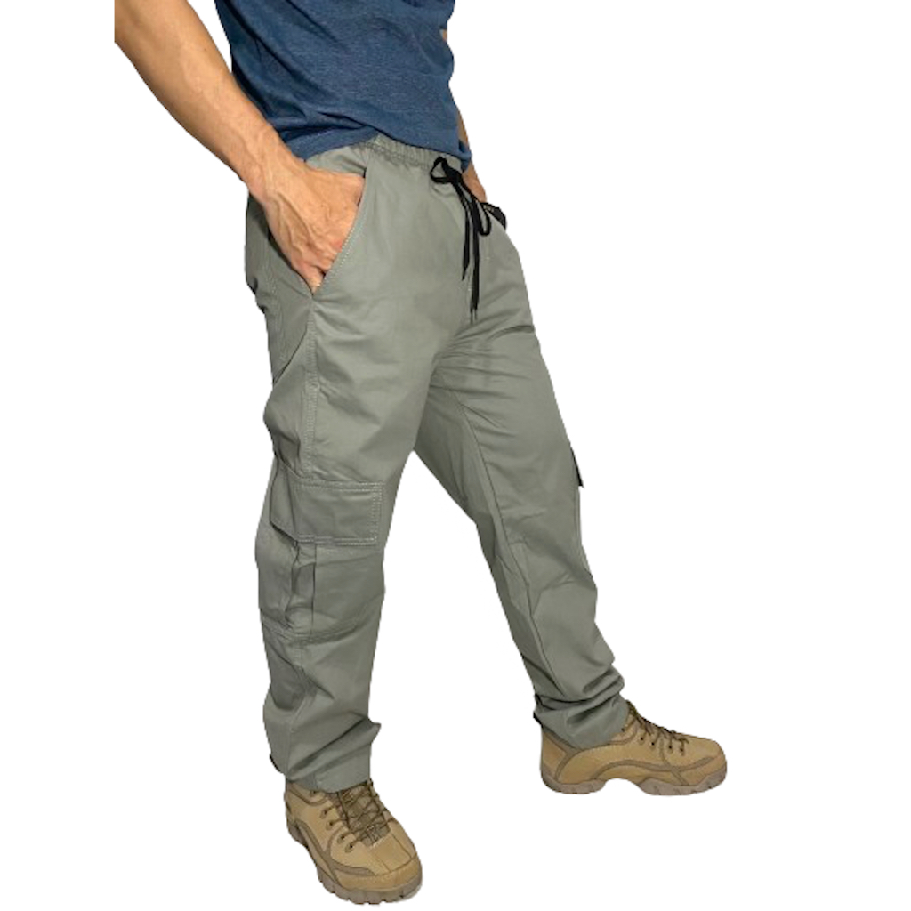 Calça Cargo Sarja Cinza Steel Unissex 5 Bolsos Grandes Skatista Trilha Segurança Tático Street