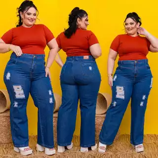 Calça plus size wide leg jeans Premium sem lycra ref:2394