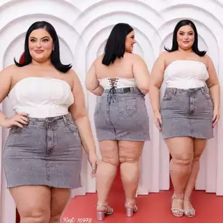 Saia plus size jeans sem lycra com aplicação em strass ref:10978