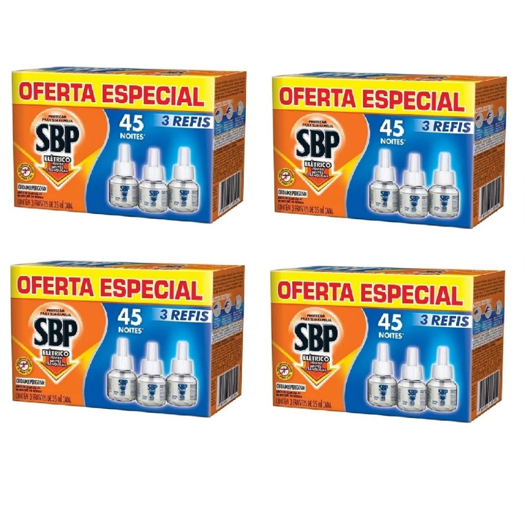 Kit 04 Repelente Elétrico Líquido SBP 45 Noites com 3 Refis 35ml Cada (12 Unidades)