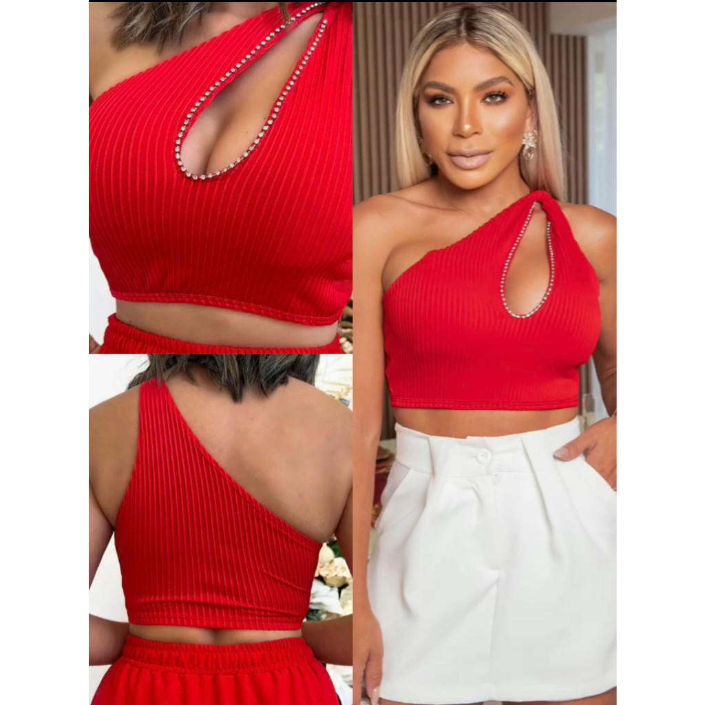 Cropped Feminino Brilho Vermelho Moda Gringa Decote Zara Lançamento 2024