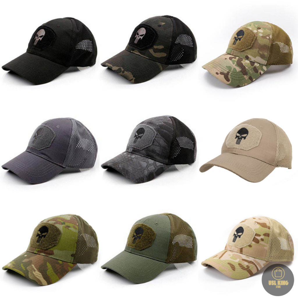 Boné Tático Camuflado com Caveira Bordada em Alto Relevo