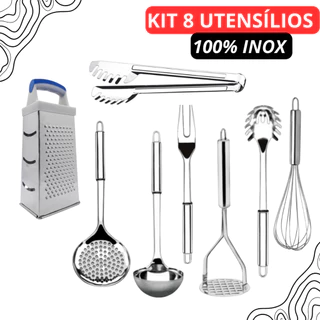 Kit 8 Utensílios 100% Inox Para Cozinha -Pegador Massa - Ralador - Batedor de Claras, Massador de Batata, Pegador Massa, Concha , Garfo e Escumadeira De Alta Qualidade