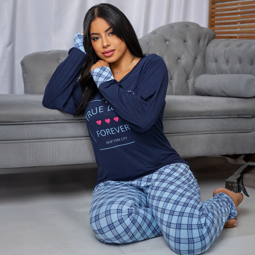Pijama Manga Longa Frio Suede Calça Xadrex Estampada Shopee Brasil