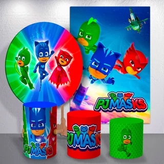 PAINEL FESTA Pj Masks REDONDO RETANGULAR TRIO CAPAS DE CILINDRO P M G SUBLIMADO DECORAÇÃO