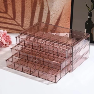 Porta jóias caixa organizadora com 3 gavetas e 72 divisões na cor fumê transparente de acrílico resistente.