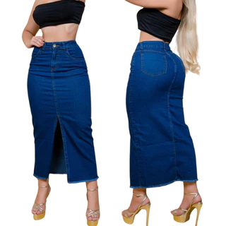 Saia Jeans com Lycra Elastano com Fenda Frontal Cintura Alta Preta e Azul