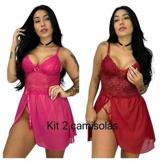 kit 2 camisola feminina virginia com detalhes em renda sexy lingerie pijama feminino roupa de dormir