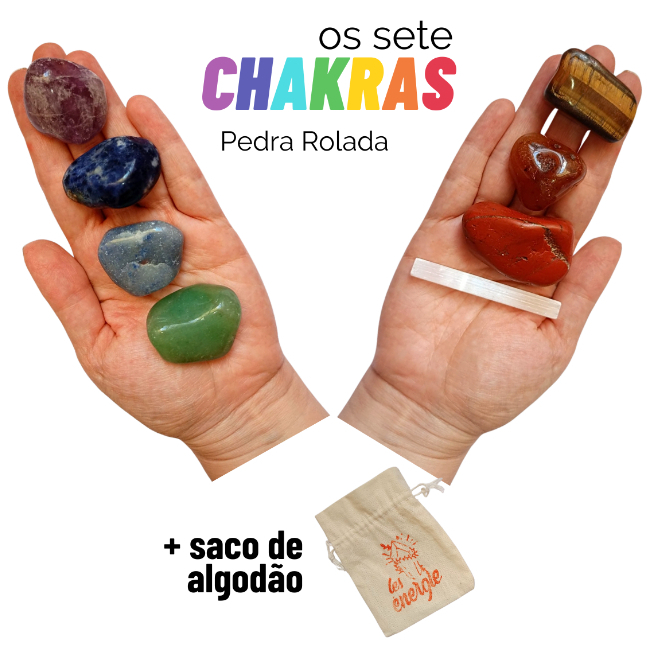 Kit 7 Chakras Saco Algodão Selenita Branca 8 Cristais Sete Chakras Pedra Natural Rolada Les Energie