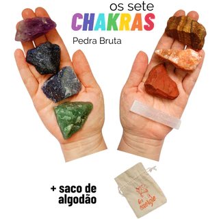 Kit 7 Chakras Saco Algodão Selenita Branca 8 Cristais Sete Chakras Pedra Natural Bruta Les Energie