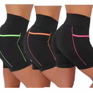 KIT 3 BERMUDAS ACADEMIA FEMININA FITNESS CÓS ALTO E BOLSOS LATERAIS PROFUNDOS