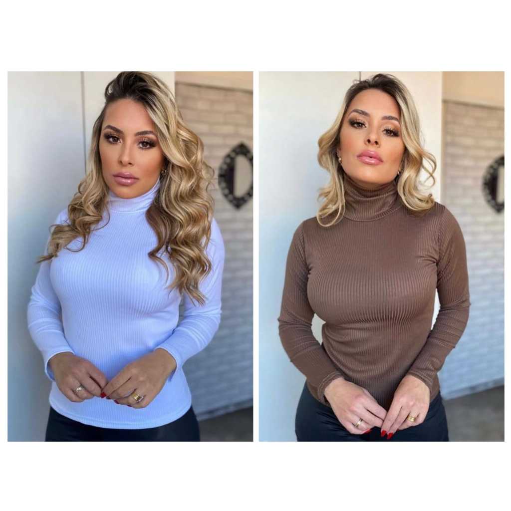 Kit 2 Blusa Manga Longa Gola Alta Feminina Canelado