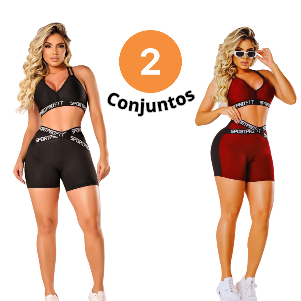 Kit 02 Conjuntos Short e Top Com Elástico Fitness Feminino