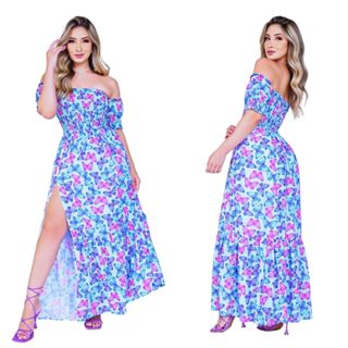 Vestido Estampado longo Feminino de Borboletas com Fenda forrado