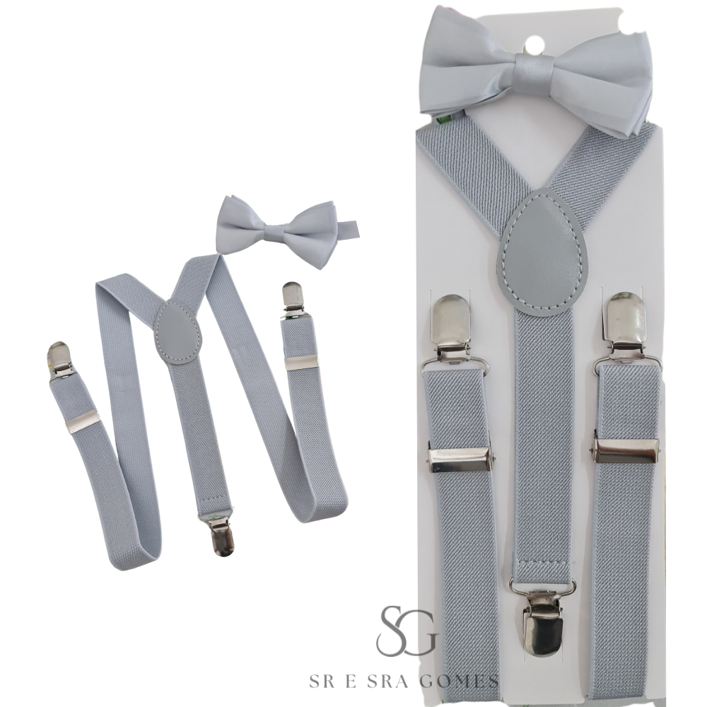 Kit Suspensório Cinza Claro + Gravata Borboleta Infantil Para Pajens e Eventos