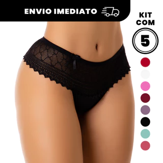 Kit 5 Calcinhas Tangas Fio Dental Microfibra com Renda Luxo Confortável Dia-dia