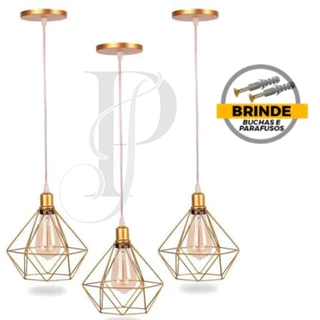 Kit 3 Pendente Aramado Diamante Luminária Lustre Teto Retro Industrial