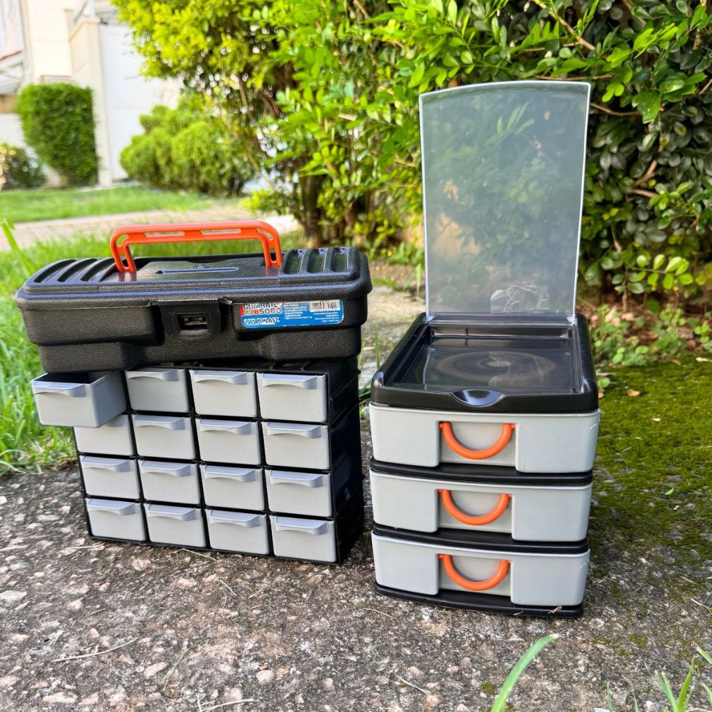 Combo Organizador; Maleta de Ferramentas com Trava, Organizador 16 Gavetas Modular e Gaveteiro Com 03 Gavetas