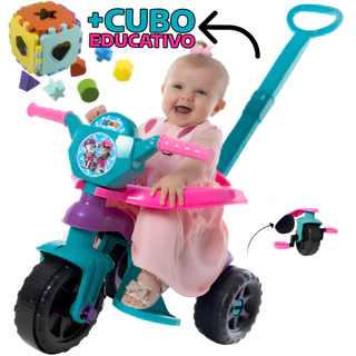 Motoca Completa 2024 ORIGINAL + Cubo Educativo Com 12 peças - Certficado Inmetro - Com Apoio Para Os Pés, Protetor, Haste De Empurrar e Pedal - Destacáveis Para Todas As Fases da Criança - Triciclo Totoka Velotrol Quadriciclo Andador