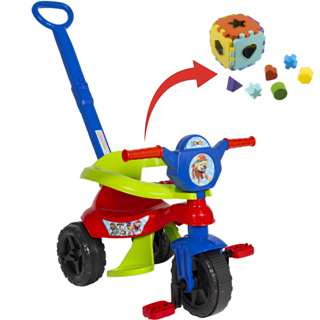 Motoca Triciclo Infantil Masculino + Cubo Educativo com 12 peças - Com Pedal, Apoio para os Pés, Empurrador e protetor - Todos Itens Montáveis e destacáveis - Para todas as fases da criança