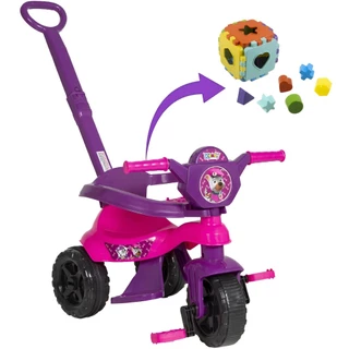 Motoca Triciclo Menina Rosa ORIGINAL + Cubo Educativo Com 12 Peças - Com Protetor, Pedal, Apoio Para os Pés - Para Todas as Fases - Certificado Inmetro - Kemotoca Kendy - Totoca