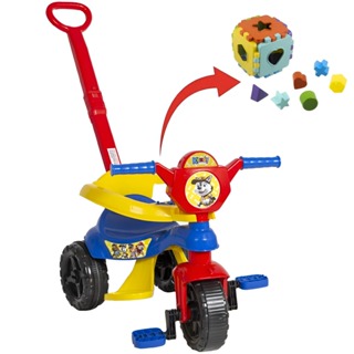Motoca Triciclo C/ Haste De Empurrar + Cubo Educativo Com 12 Peças - C/ Protetor, Pedal e Apoio Para Os Pés - Certificado Inmetro - Produto Original Kendy Brinquedos