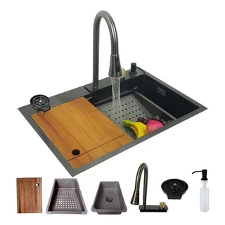 Cuba Cascata Premium Gourmet Com Torneira Lavador De Copos Completa Acessórios Aço Inox 304 Cozinha Pia Bancada Gourmet Cor Preto