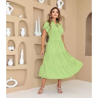 Vestido Feminino Midi Babado Três Marias Manga Curta Tulipa Poá Malha Viscolycra Alta Elasticidade Lindo Romântico Promoção
