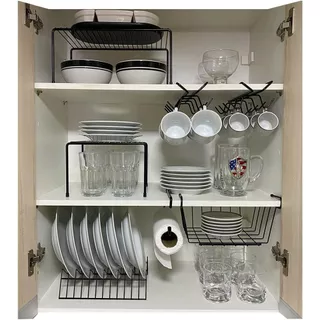 Kit Organizador de Armário Cozinha Aramado Xícaras Porta Pratos Cesto 7 Peças Preto