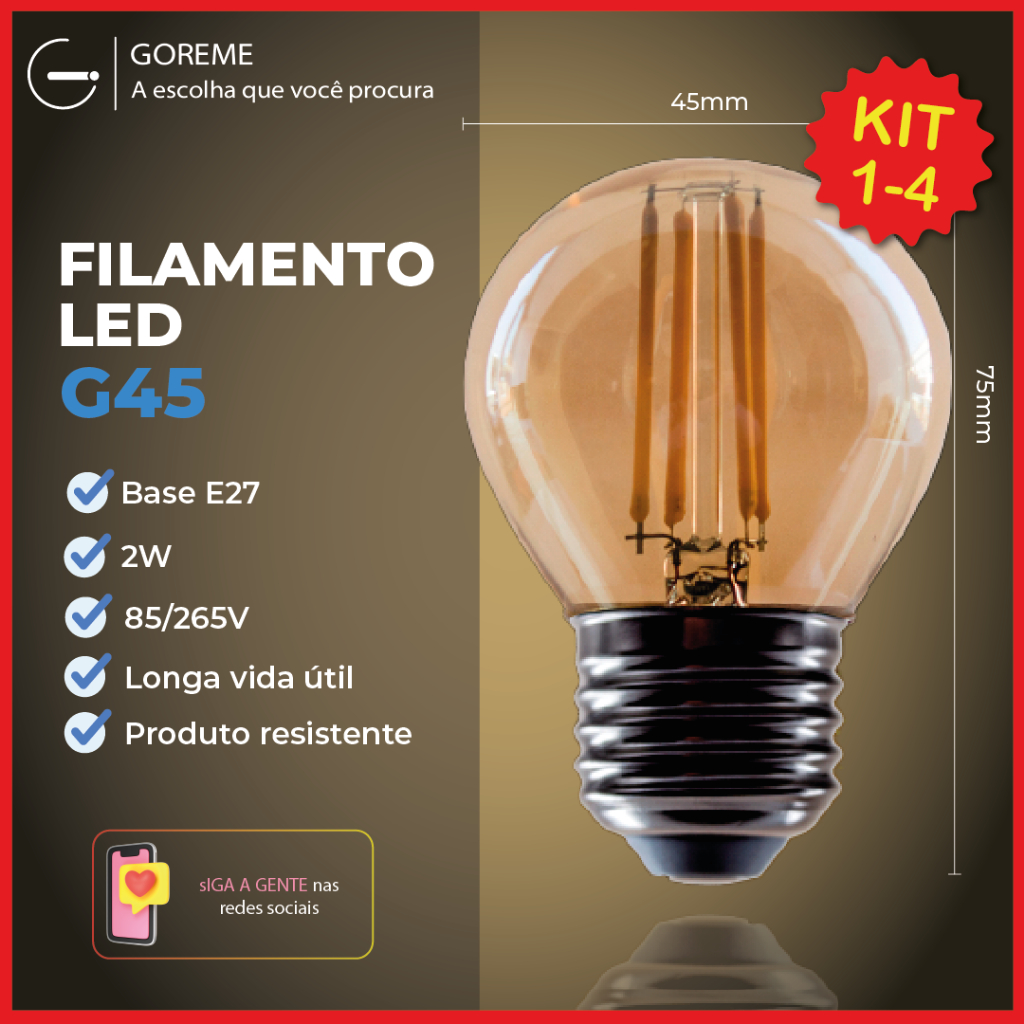 Lâmpada Filamento LED G45 4W E27 LUZ QUENTE (AMARELO) Âmbar Retrô Vintage 110V~220V | Bivolt