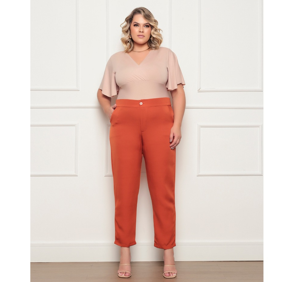 Calça social reta Feminina Cintura Alta Plus Size Bolsos falsos atras ...