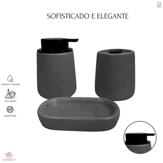 Kit Jogo 3 Peças Cerâmica Cinza Granilite Banheiro Lavabo Elegante