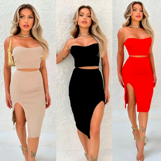 Conjunto Cropped e Saia Midi Com Fenda Anarruga Canelado Feminina Anarruga Cola baixa Estampado Moda Blusa de Frio Algodão Casual Estampa Estilo Combinando Elegante Moda Tamanho Unico P M G