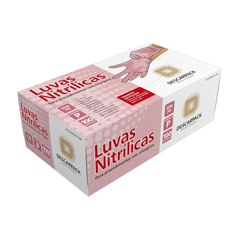 LUVA NITRÍLICA ROSA CAIXA COM 100 UNIDADES SEM PÓ - DESCARPARCK (P - M - G)