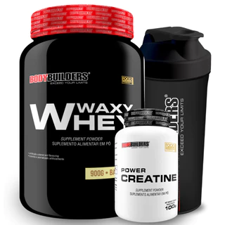 Kit Whey Protein Waxy Whey 900g + Creatina Power 100g + Coqueteleira - Aumento de Massa Bodybuilders