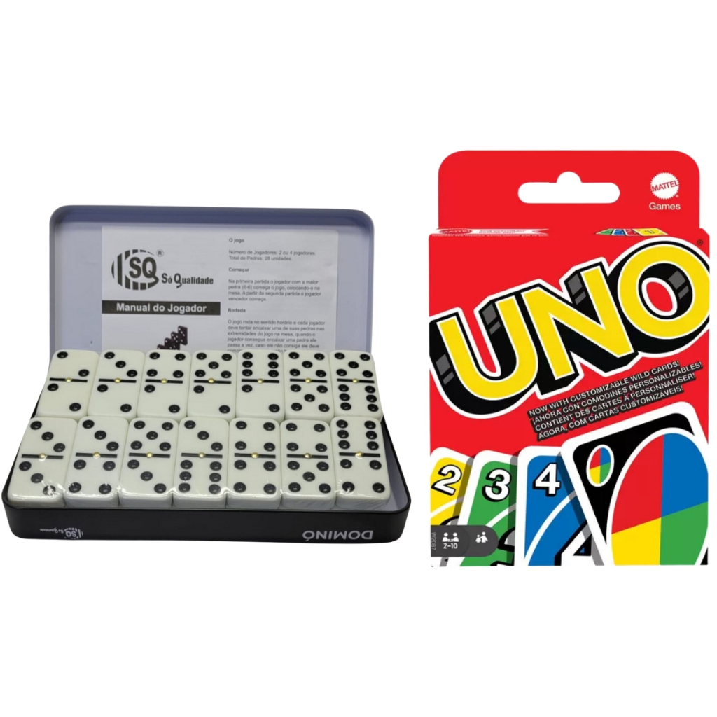 Jogo Dominó Profissional Estojo de Lata com 28 Pçs 10mm + Jogo Uno Mattel Kit jogos de tabuleiro