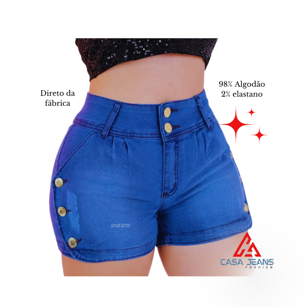 321020 - Short Jeans Feminino estonado Cargo com Detalhes moderno curto botões cintura alta