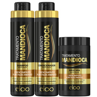 Eico Tratamento Mandioca Shampoo 800ml Condicionador Leave-in 750ml + Máscara Hidratação 1kg Crescimento Fortalecimento