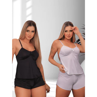 KIT 2 SHORT DOLL BABY DOLL PIJAMA LISO COM REGULAGEM DE DORMIR SENSUAL CURTO