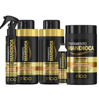 Kit Eico Tratamento Mandioca Shampoo Condicionador 450ml + Máscara Hidratação 1Kg + Spray 120ml