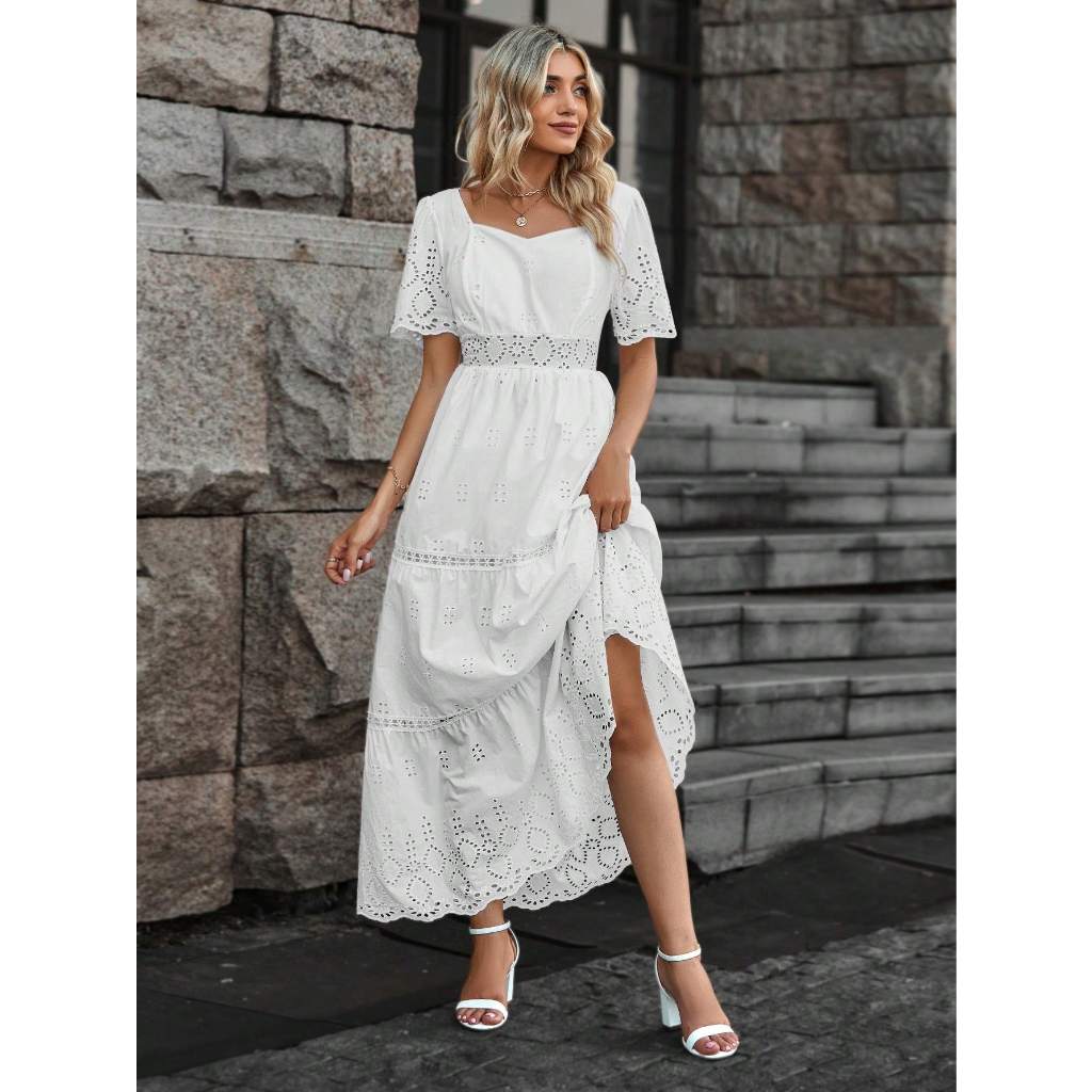 Vestido longo lese importado forrado manga curta princesa com elástico na cintura，F2022-22