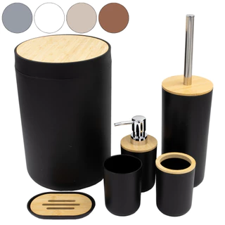 Kit Banheiro Bambu 6pcs Conjunto Acessórios Lavabo Decoração Bérgamo Madeira Lixeira Saboneteira Luxo