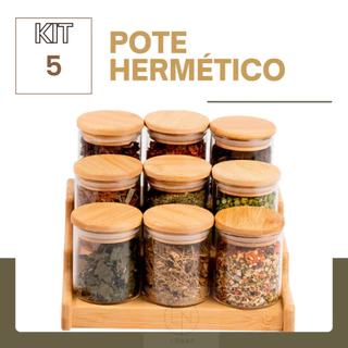 kit 5 Potes de Vidro Hermético P/ Mantimentos C/ Tampa Bambu 250ml