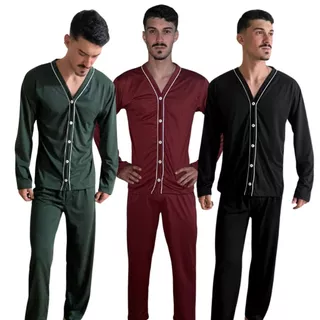 Pijama Longo Americano Masculino / Pijama de Botão / Roupa de Dormir em Oferta na Shopee