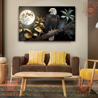 Quadro decorativo grande. Aguia, lua cheia e folhas douradas.