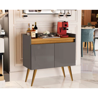 Aparador buffet com 2 portas e prateleiras cantinho do café cinza com mel e pés de madeira