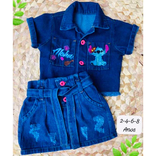 CONJUNTO FEMININO JEANS INFANTIL JAQUETA/ SAIA BORDADA
